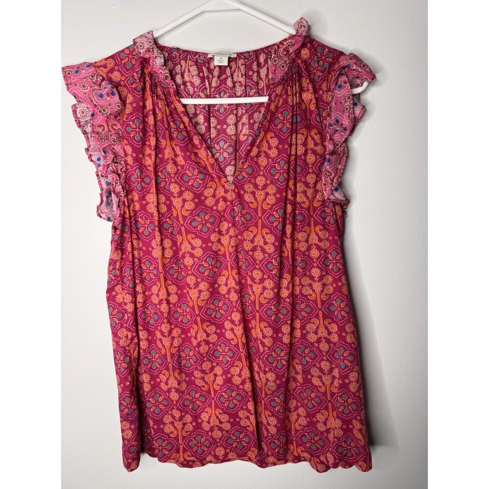 Sundance Lightweight Cotton Ruffle Sleeve Top Pink V-Neck Womens Medium